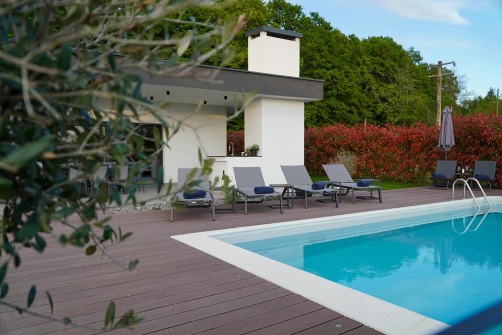 Private pool seen through olive branches