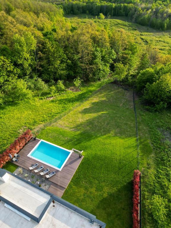 Aerial view of the villa garden and pool