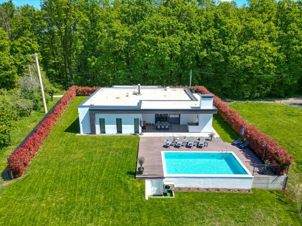 Aerial view of the villa, pool and surrounding woods