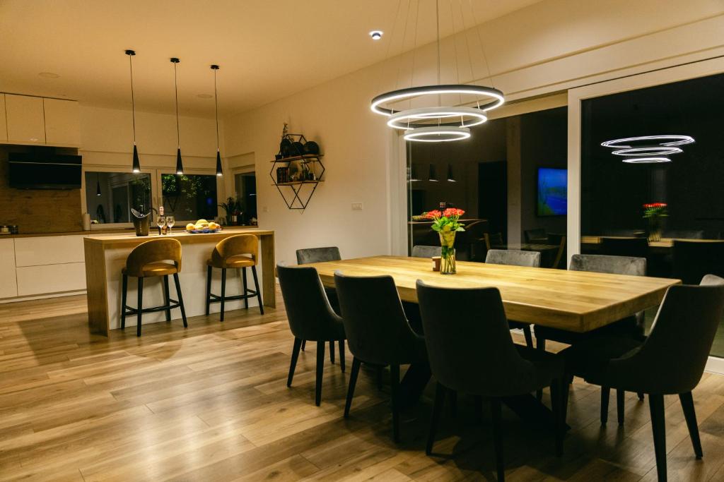 Dining area and kitchen after dark