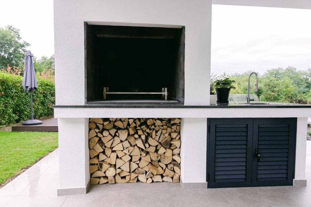Outdoor fireplace after dark