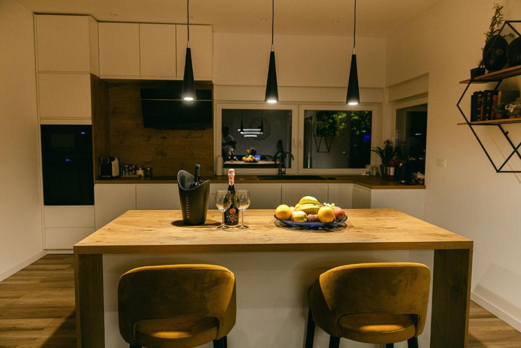 Kitchen and dining area prepared for an evening indoors
