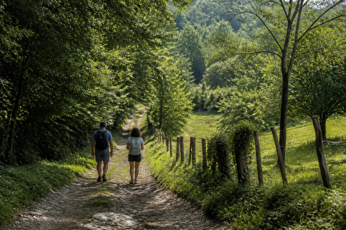 Two travellers walking on a woodland and meadow path near Zagreb