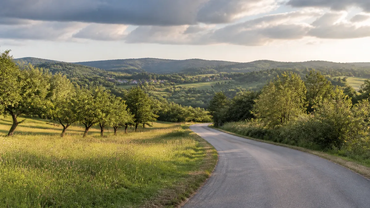 Quiet rural road through wooded hills in the Zagreb countryside