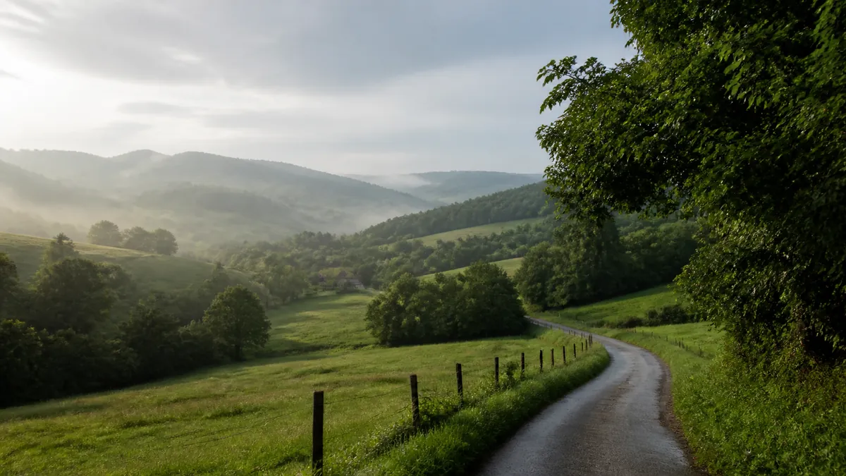 Editorial view of green rolling countryside south of Zagreb