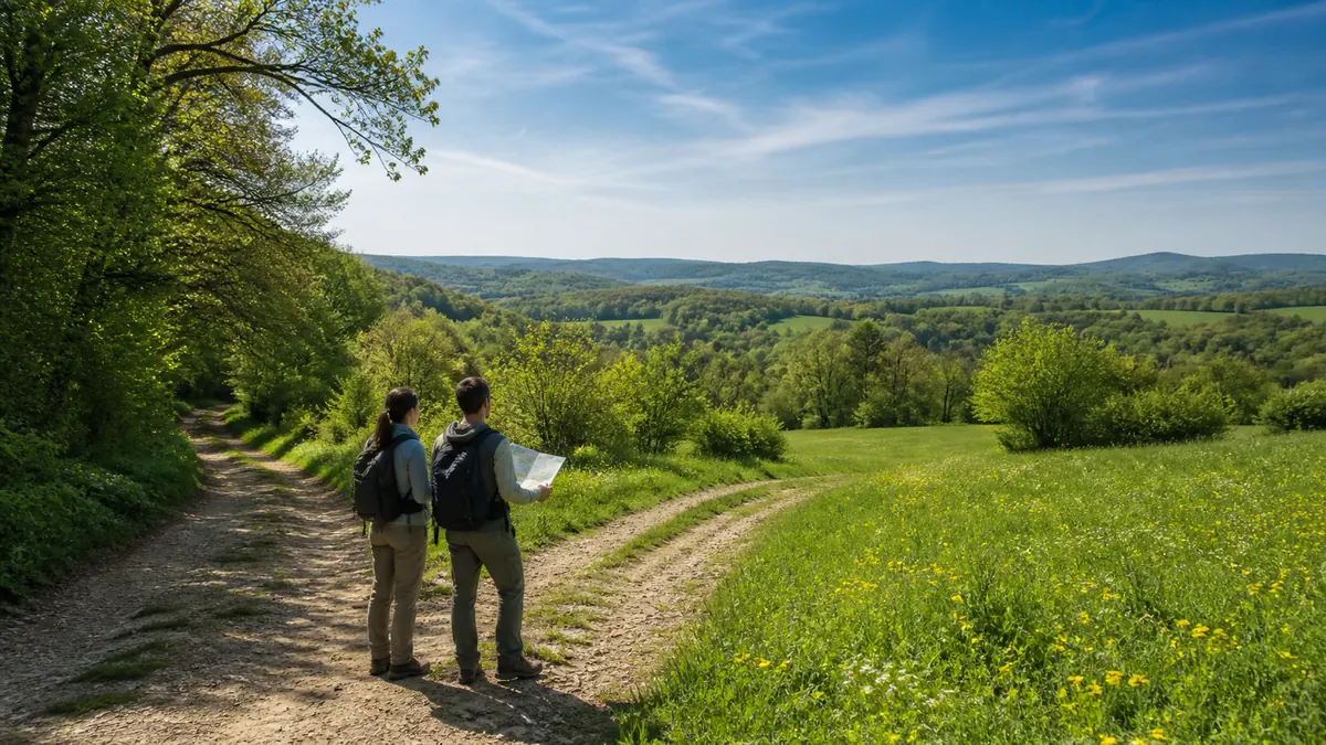 Travellers choosing a countryside path in the green hills near Zagreb