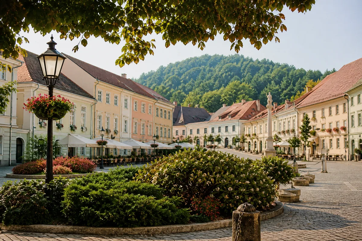 Editorial prikaz mirnog povijesnog trga i zelenih brežuljaka Samobora
